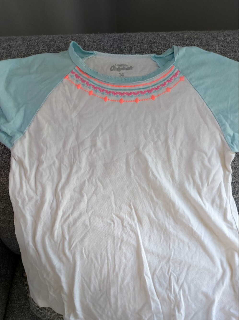 Oshkosh ight Blue Sleeve White Tee with Neon Pink Embroidery
